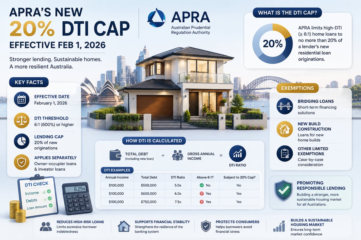 Visual breakdown of APRA's 2026 debt-to-income lending cap showing the 6x income threshold, 20% quarterly quota, separate owner-occupier and investor limits, and exemptions for new builds and bridging loans.