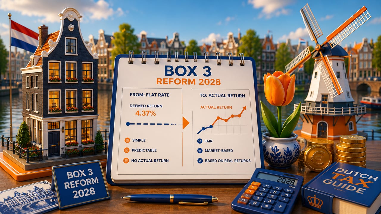 Dutch Box 3 wealth tax reform infographic showing transition from deemed yields to actual return and unrealized capital gains tax calculations