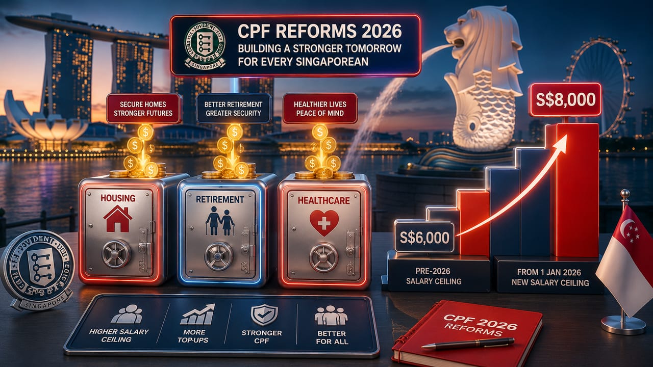 Infographic showing Singapore CPF monthly salary ceiling increase to S$8,000, Budget 2026 senior top-up details, 2027 senior rate hikes, and the 2028 lifecycle scheme.