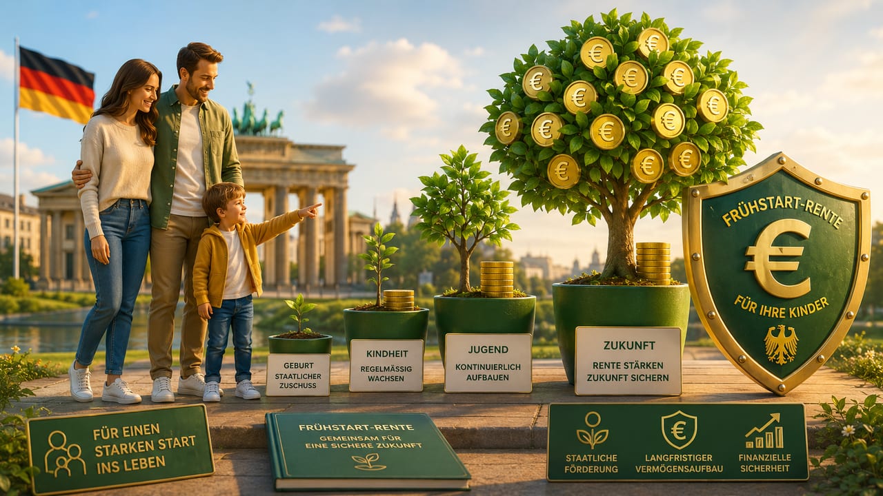 German Frühstart-Rente growth projector showing state €10 monthly contributions, Altersvorsorgedepot compounding graphs, and child retirement planning timelines