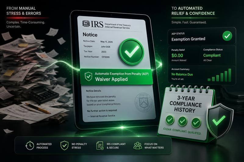 Breakdown of the IRS Automatic Exemption from Penalty (AEP) program showing the 3-year clean compliance check, automatic systemic waiver, and excluded interest accrual.