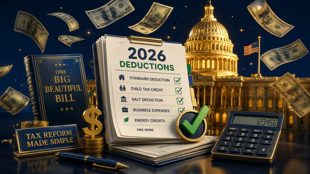 Comprehensive infographic outlining OBBBA 2026 deductions including tips, overtime, senior, and auto interest limits and phase-out thresholds