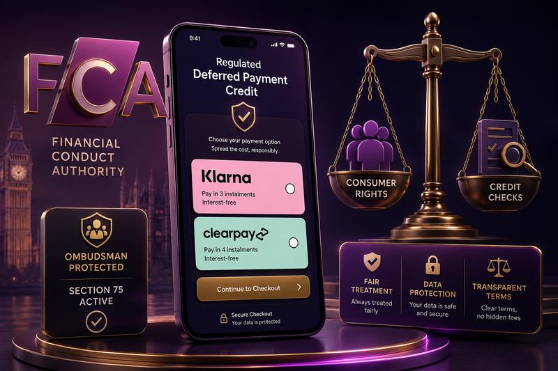 Breakdown of the UK FCA Buy Now Pay Later regulation showing Deferred Payment Credit classifications, Financial Ombudsman access, and Section 75 joint refund protections.
