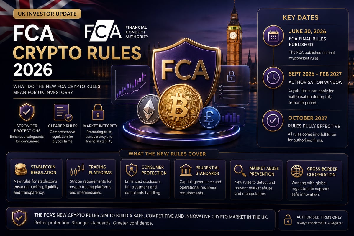 Timeline of FCA crypto regulation in the UK for 2026-2027 showing key dates: PASS July 2026, authorisation window Sep 2026-Feb 2027, full effective date Oct 2027, plus stablecoin capital requirements, Consumer Duty obligations, and HMRC CARF reporting framework.