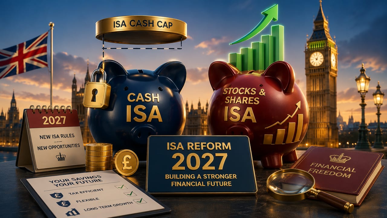 UK ISA reforms infographic showing 2027 Cash ISA cap reduction to £12,000, 22 percent Stocks and Shares ISA cash tax, and compounding savings loss diagrams