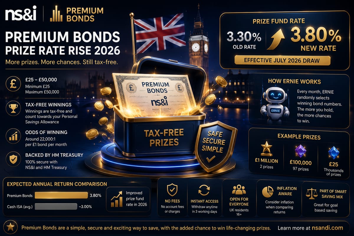 Chart showing the Premium Bonds prize fund rate increase from 3.30% to 3.80% for July 2026, with improved 22,000:1 odds, prize distribution breakdown, and comparison with Cash ISA rates.